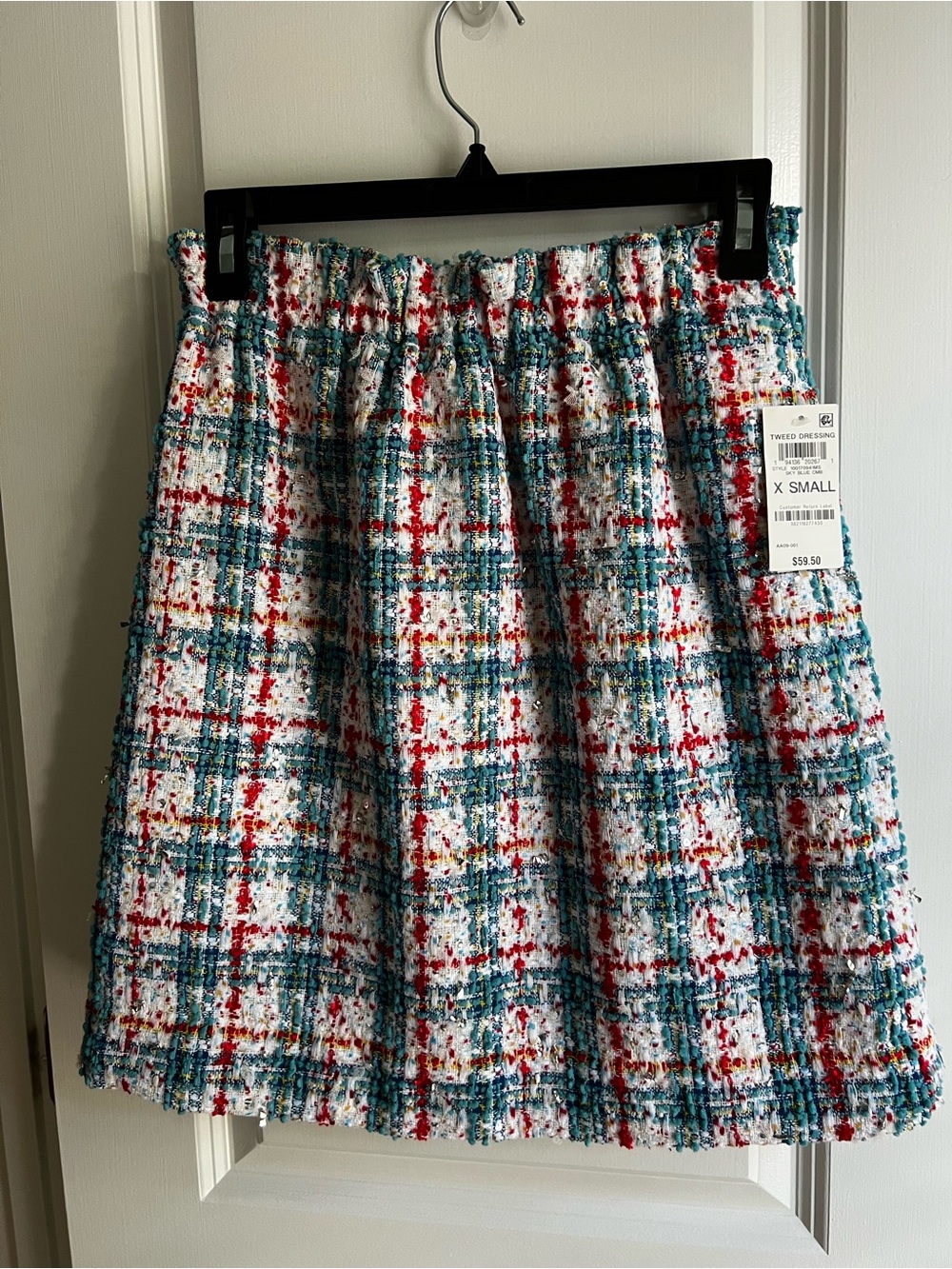 Tweed Plaid A-Line Skirt in White, Teal, Silver, & Red X-Small